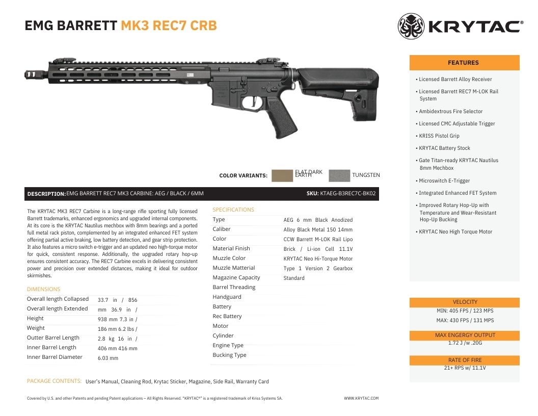 KRYTAC -Trident MK3, Barrett Rec7 and KRISS Vector SMG AEG